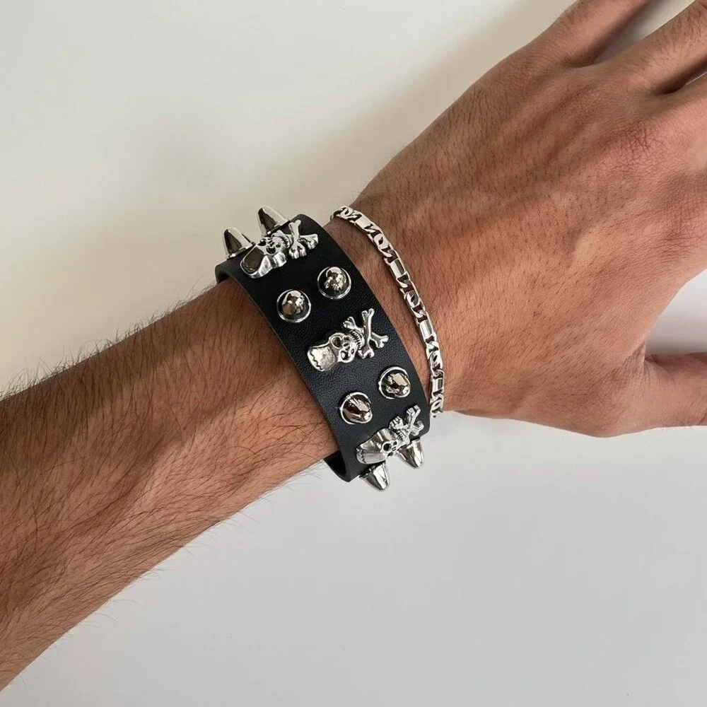 y2k 2000s skeleton spiked grunge punk black studded bracelet